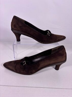 Salvatore Ferragamo Vintage Brown Suede Kitten Heel Pumps Italy Sz 8 AA Narrow